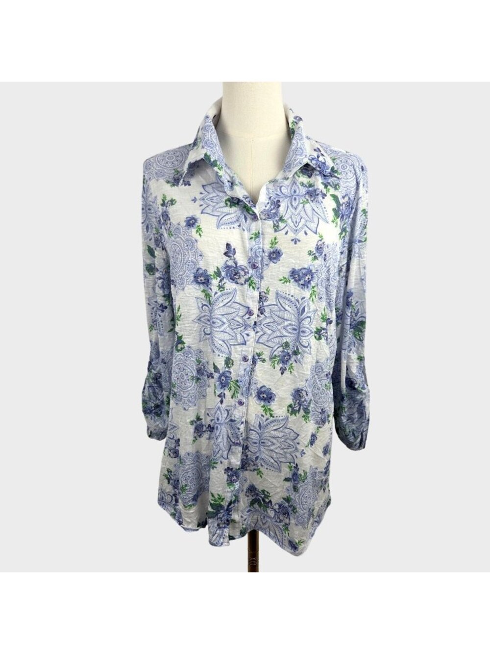 David Cline Snap Front Shirt Sz XL Blue & White Floral Crinkle Knit L/sleeve